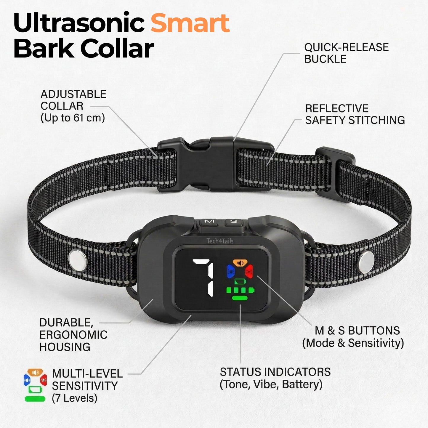 Tech4Tails 3-in-1 Smart Bark Collar | Shock-Free Ultrasonic, Tone & Vibration