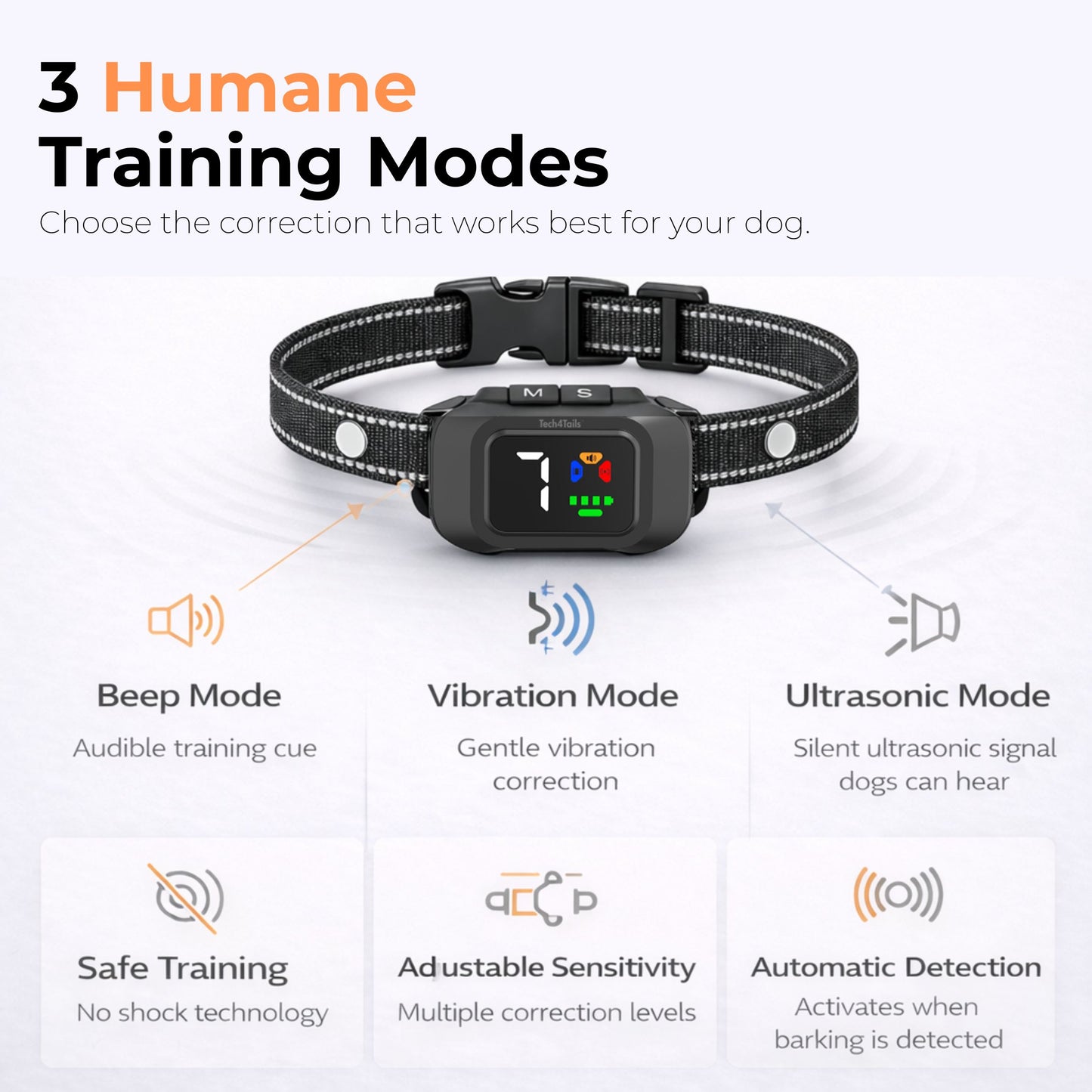 Tech4Tails 3-in-1 Smart Bark Collar | Shock-Free Ultrasonic, Tone & Vibration